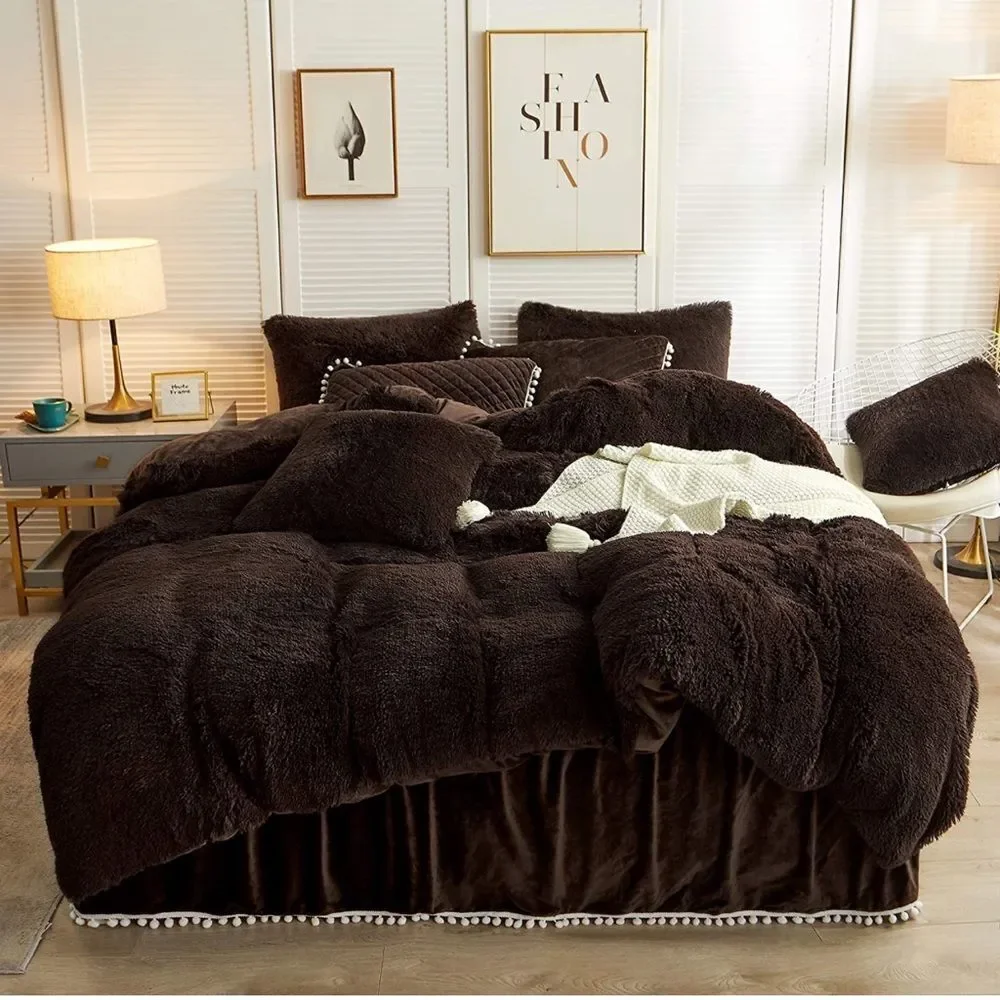LIFEREVO Luxury Solid Plush Shaggy Duvet Cover Set Zipper Closure (Dark Brown)